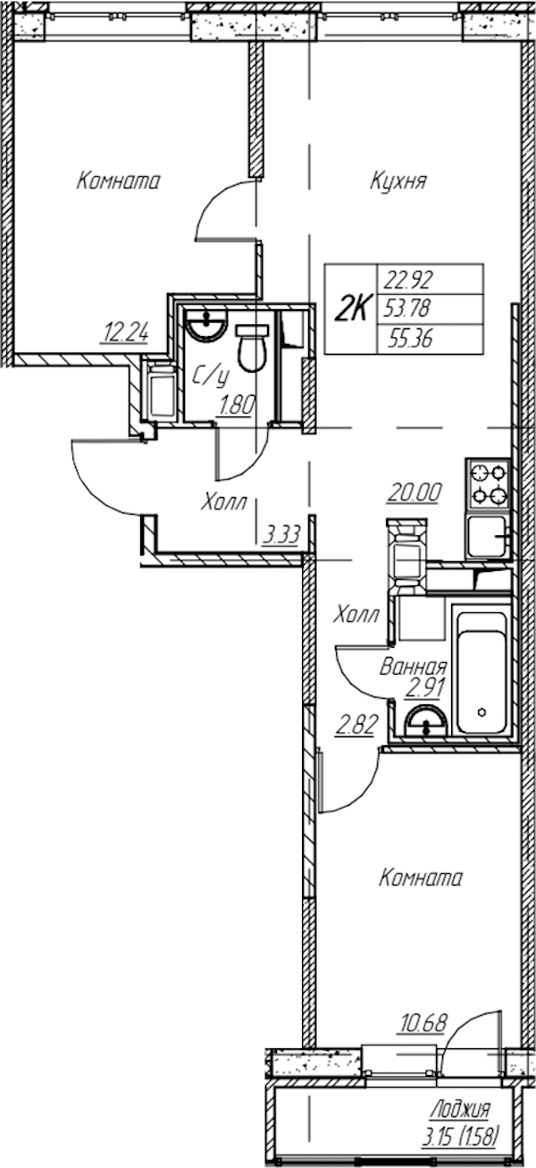2-комнатная квартира 55.36 м², 4/22 эт., ЖК «Парк-квартал Юнтолово»